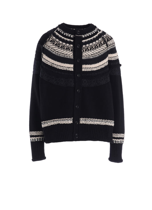 MIXED MATERIAL FAIR ISLE ROUND NECK CARDIGAN
