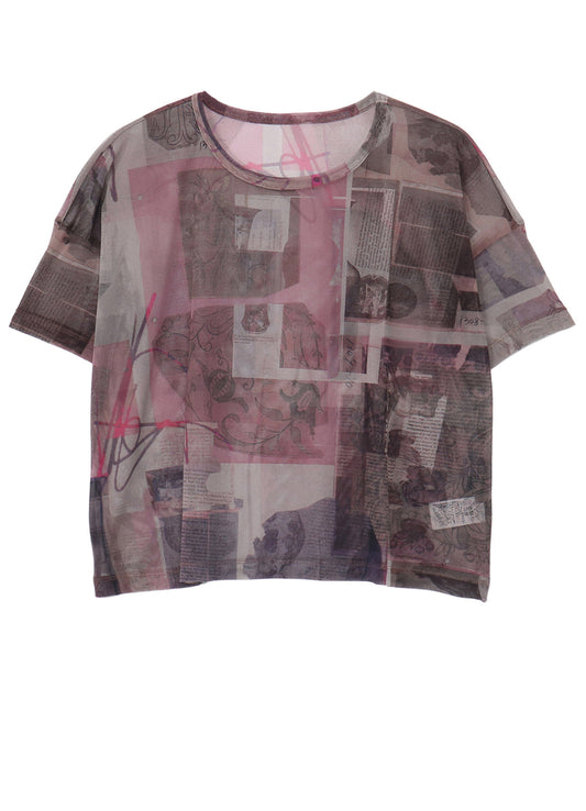 TULLE VASE COLLAGE PRINT ROUND NECK LOOSE TEE