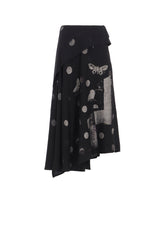 BUTTERFLY-PRINT DUNGAREE TWILL ASYMMETRIC LONG SKIRT
