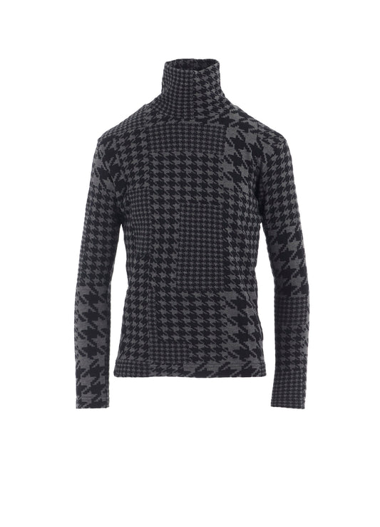 HOUNDSTOOTH UNBALANCED HIGH NECK LONG SLEEVE T