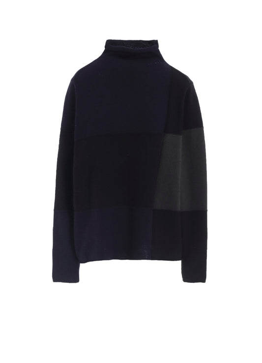 HARD-TWISTED BLOCK INTARSIA HIGH-NECK PULLOVER