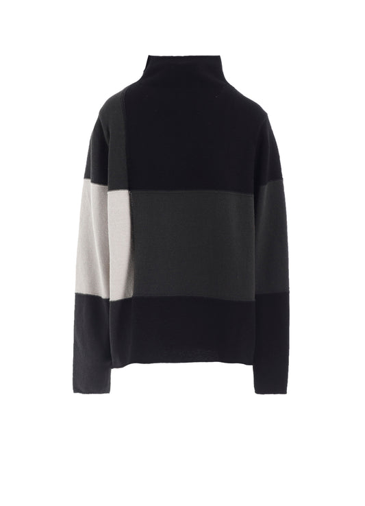 HARD-TWISTED BLOCK INTARSIA HIGH-NECK PULLOVER