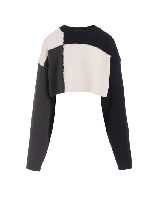 HARD-TWISTED BLOCK INTARSIA ROUND NECK SHORT PULLOVER