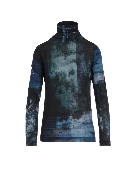 BLURRY FLOWER PRINTTED HIGH NECK LONG SLEEVE T