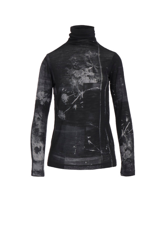 BLURRY FLOWER PRINTTED HIGH NECK LONG SLEEVE T