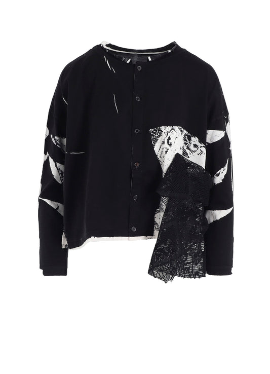COTTON LACE/PRINT SIDE POCKET CROPPED CARDIGAN