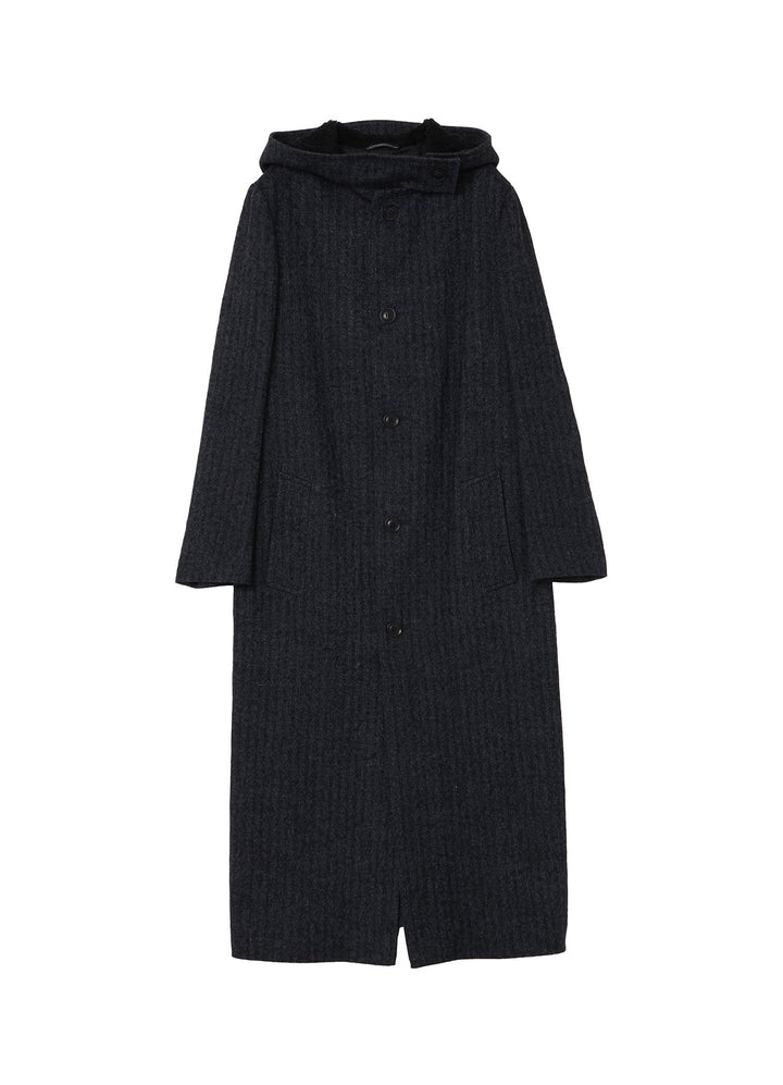 LINEN/WOOL RAISED HERRINGBONE LONG COAT WITH HOODIE