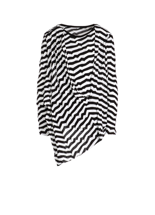 GEOMETRY LINKS STITCH STRIPED ASYMMETRIC FRONT DRAPE T