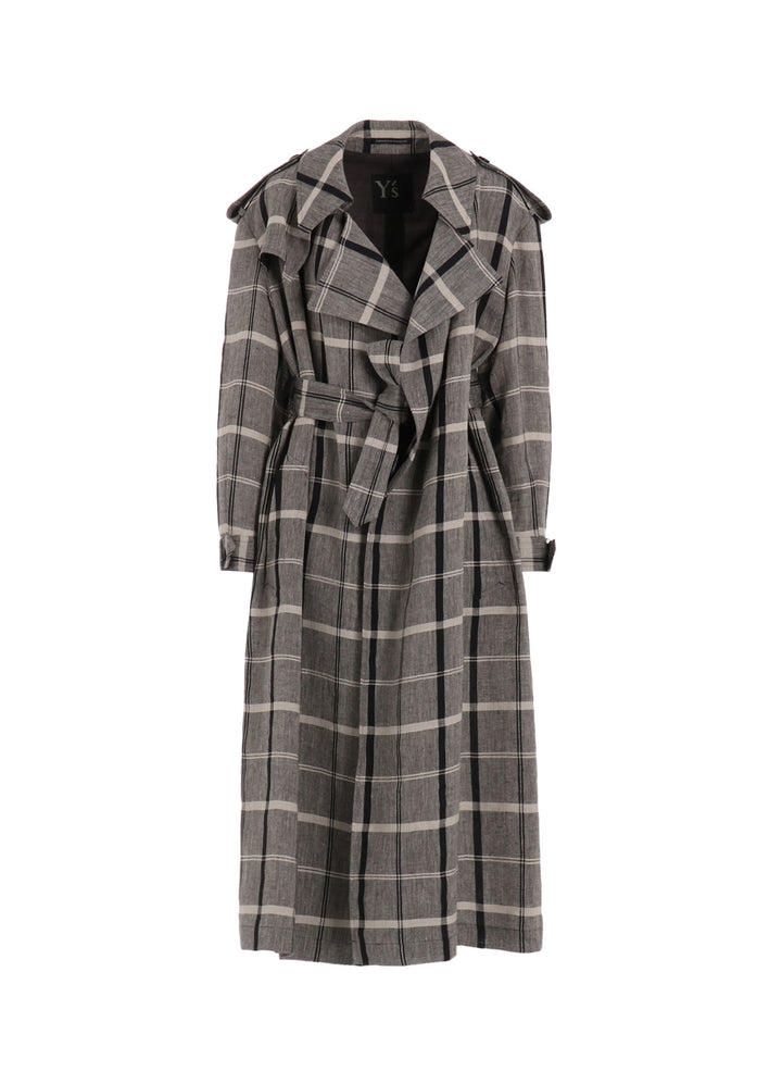 LINEN/NYLON PLAID TRENCH COAT