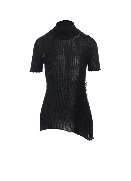 WIDE RIB WG ASYMMETRIC LACE UP HALF SLEEVE T