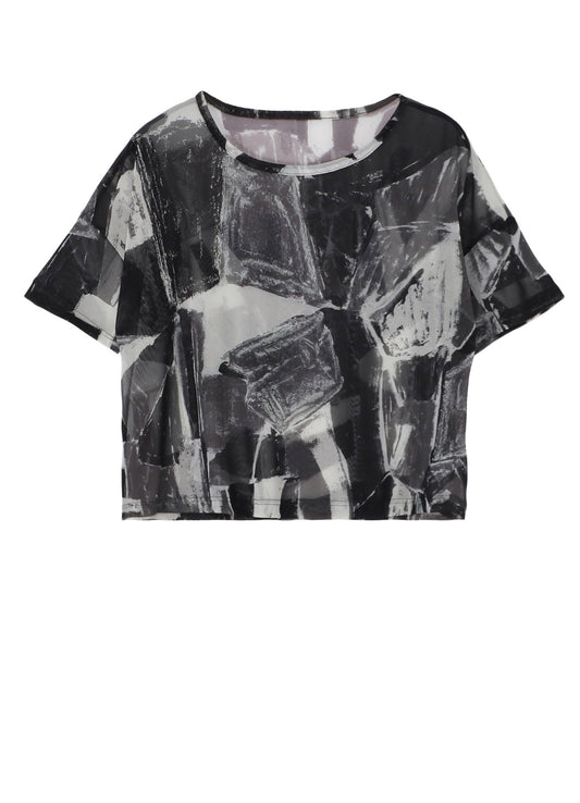 TULLE ABSTRACT PAINTING PATTERN LOOSE ROUND NECK T