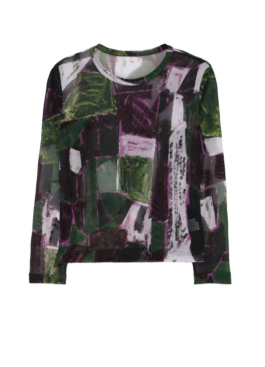 TULLE ABSTRACT PAINTING PATTERN ROUND NECK LONG SLEEVE T