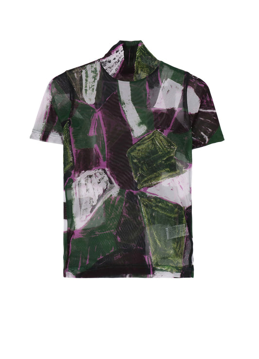 TULLE ABSTRACT PAINTING PATTERN HIGH NECK SHORT SLEEVE T