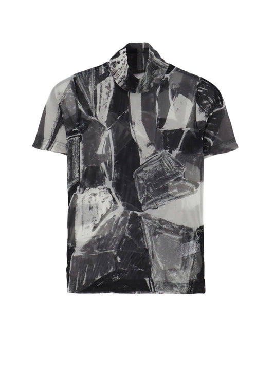 TULLE ABSTRACT PAINTING PATTERN HIGH NECK SHORT SLEEVE T