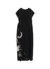 CUPRO DUNGAREE "Y" PRINT GATHERED DRESS