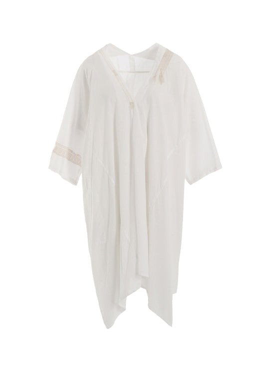 COTTON LAWN ARRANGED SLEEVE V NECK DRESS