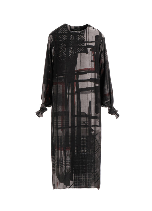 CU/DUNGAREE TWILL PLAID PRINT KNOT SLEEVE DRESS