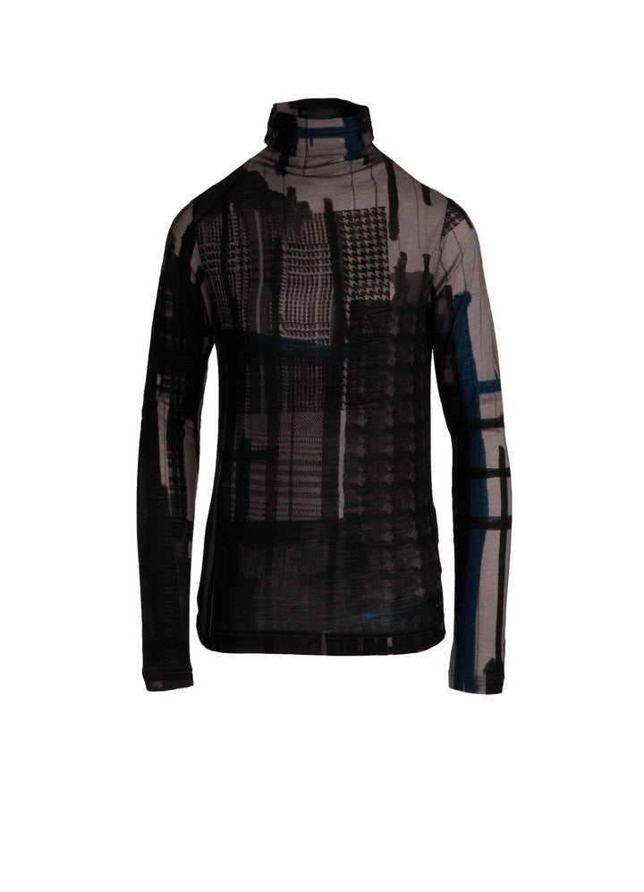 WOOL JERSEY PLAID PRINT HIGH NECK LONG SLEEVE T-SHIRTS