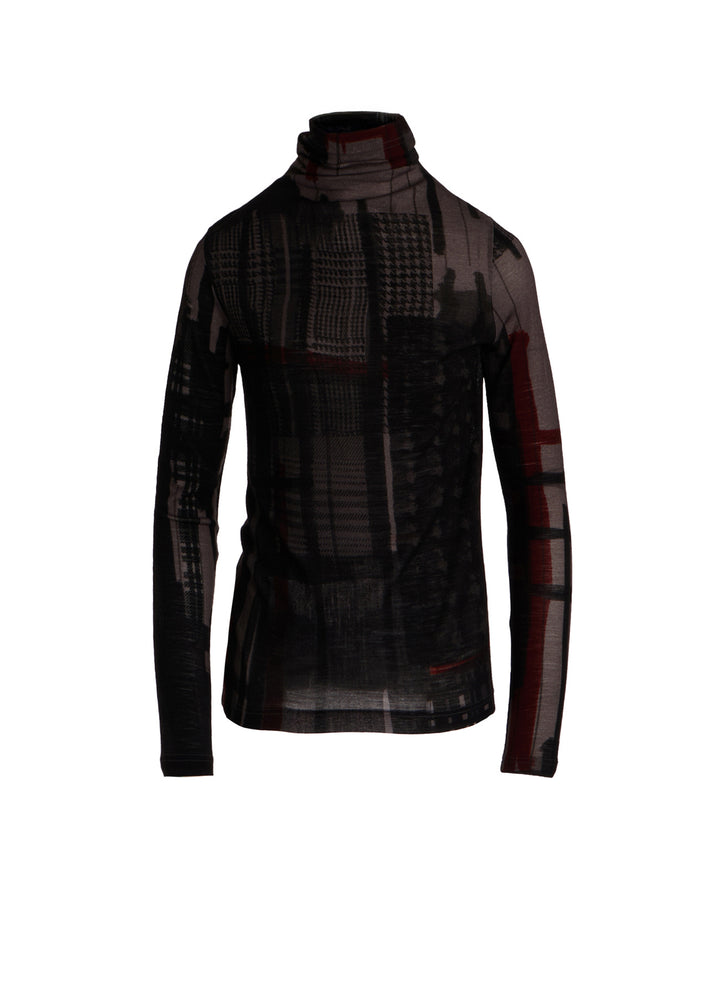 WOOL JERSEY PLAID PRINT HIGH NECK LONG SLEEVE T-SHIRTS