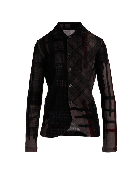 WOOL JERSEY PLAID PRINT LONG SLEEVE CARDIGAN