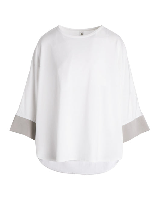 COTTON JERSEY X TA/PE DE CHINE ROUND NECK CUFFS T-SHIRTS
