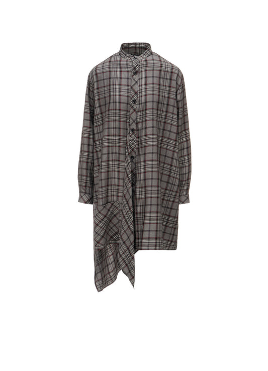 PLAID WASHER STAND COLLAR ASYMMETRIC BLOUSE