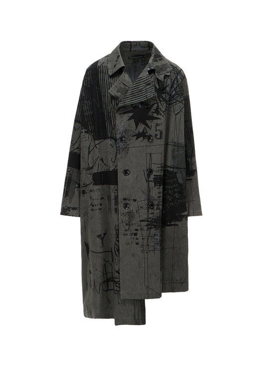 HERRINGBONE GRAFFITI PRINT ASYMMETRIC TRENCH COAT