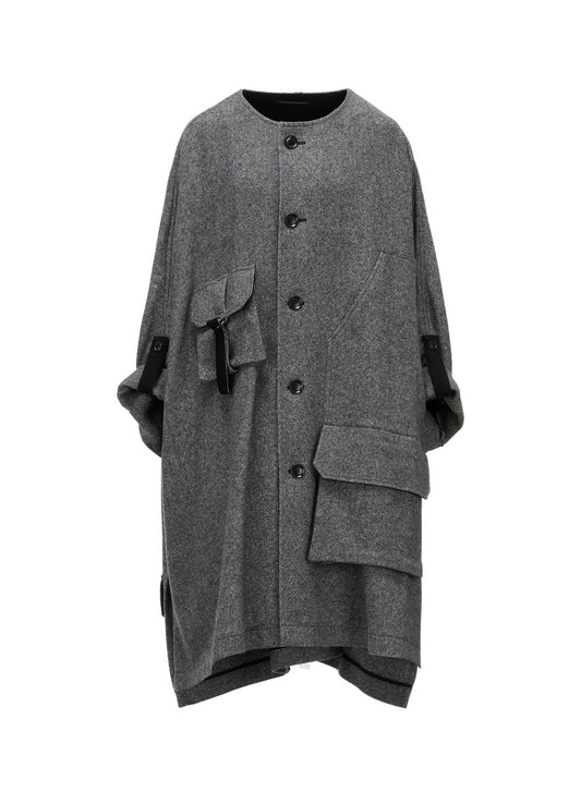 TWILL FLANNEL COLLARLESS DOLMAN COAT