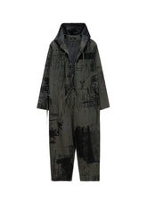 HERRINGBONE GRAFFITI PRINT HOODED OVERALL