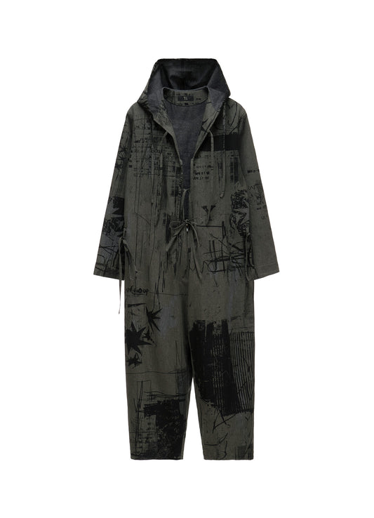 HERRINGBONE GRAFFITI PRINT HOODED OVERALL