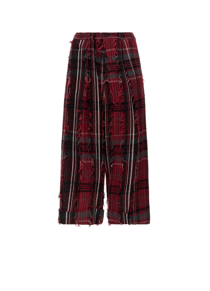 WOOL PLAID CUT JACQUARD FRONT TUCK TURN-UP PANTS