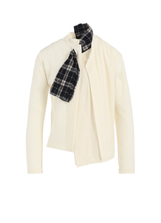 MILLED PLAID WOOL UNBALANCED RIBBON CARDIGAN
