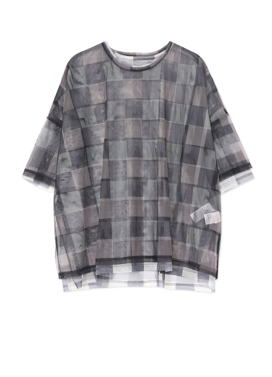 DOUBLE LAYER PLAID PRINT TULLE OVER SIZED T