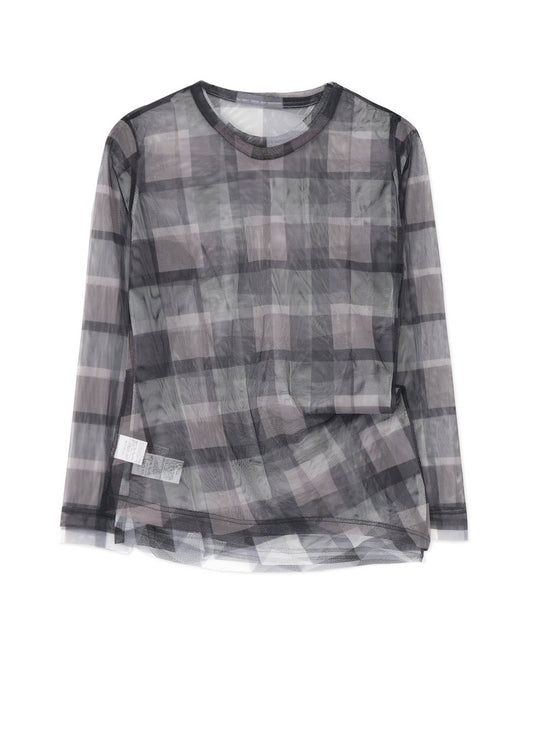 DOUBLE LAYER PLAID PRINT TULLE LONG SLEEVE T