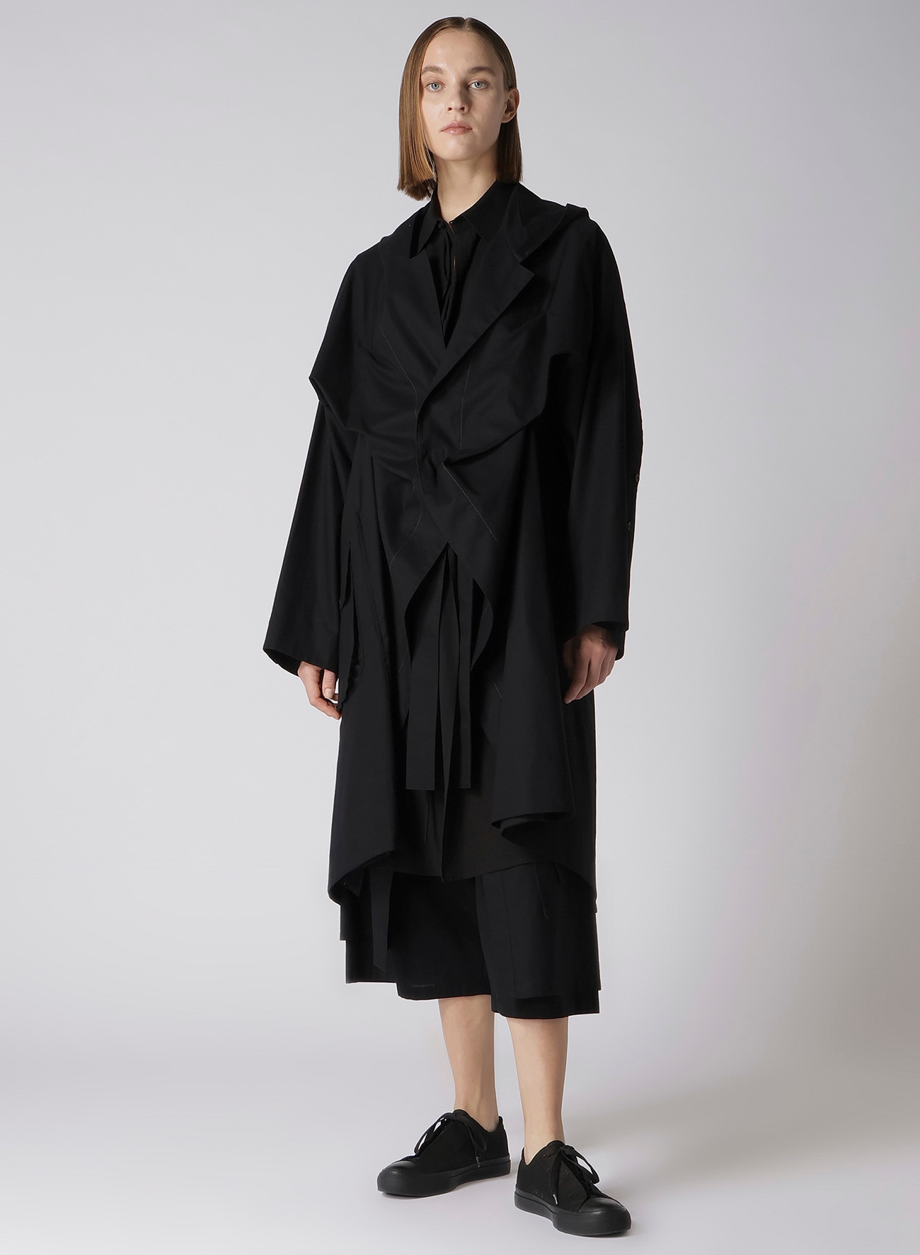 20 WASHED MUSLIN HOODED OPEN SLV COAT(XS Black): Yohji Yamamoto 