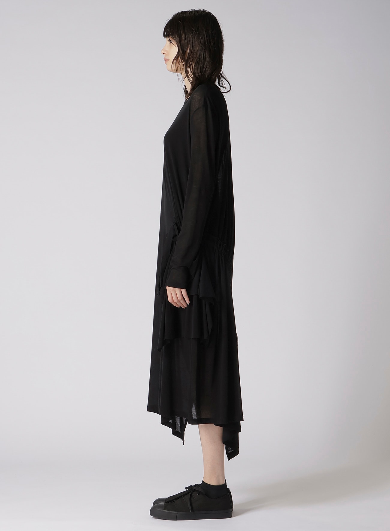 HIGH TWISTED COTTON JERSEY GATHER DETAIL LONG SLV DRESS