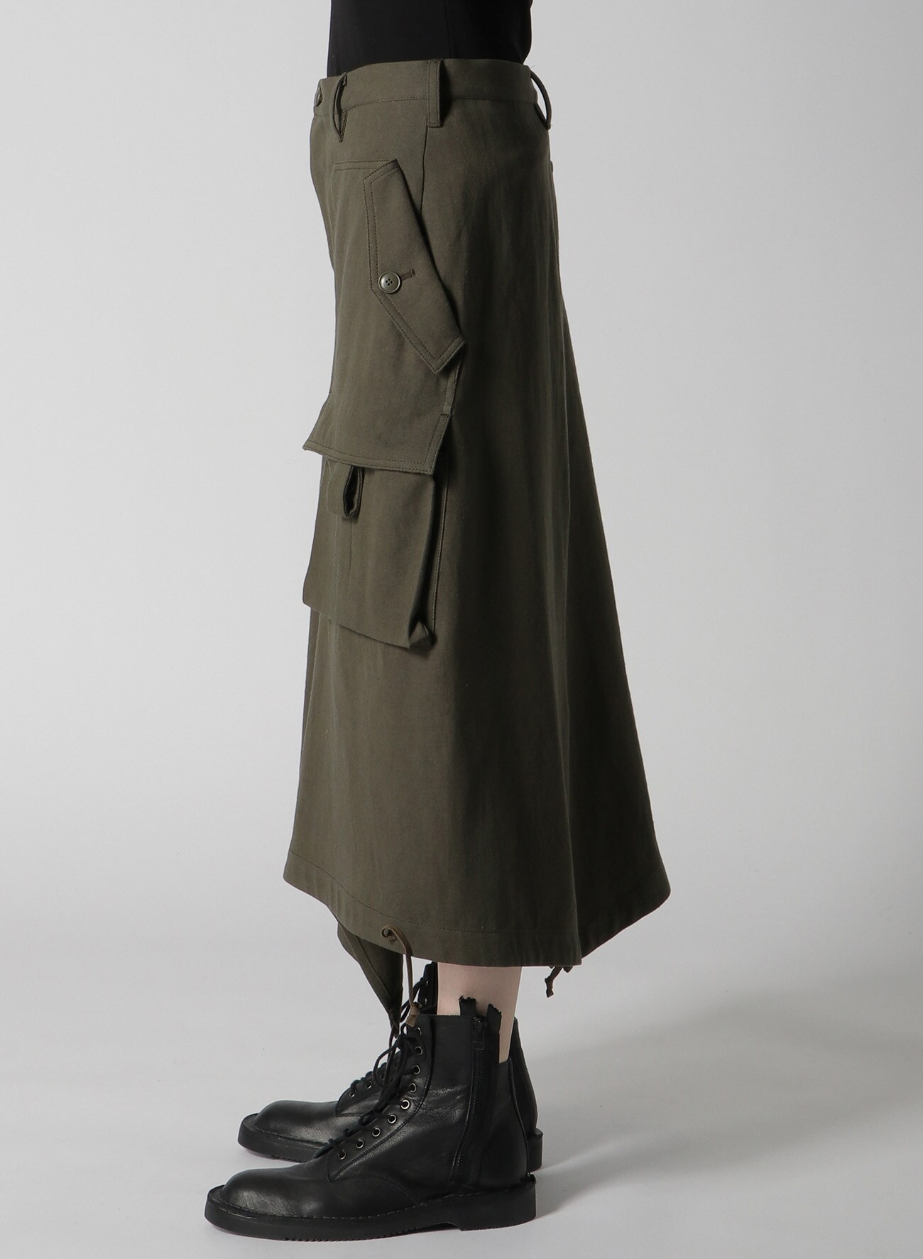 COTTON/LINEN/WOOL TWILL SKIRT WITH HEM DRAWSTRING(XS Khaki): Yohji