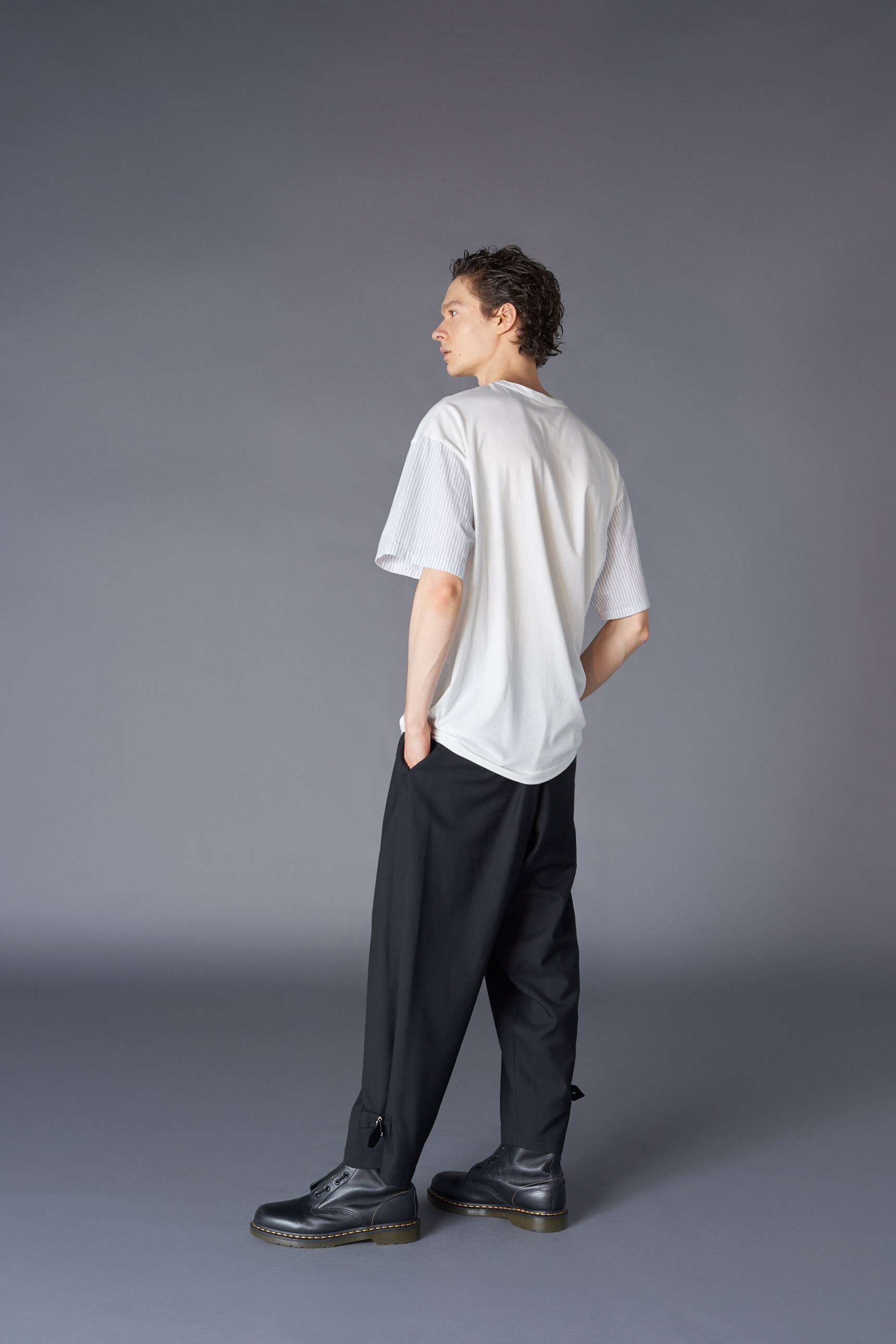 Stripe/Jersey combination Shirt docking short sleeves T