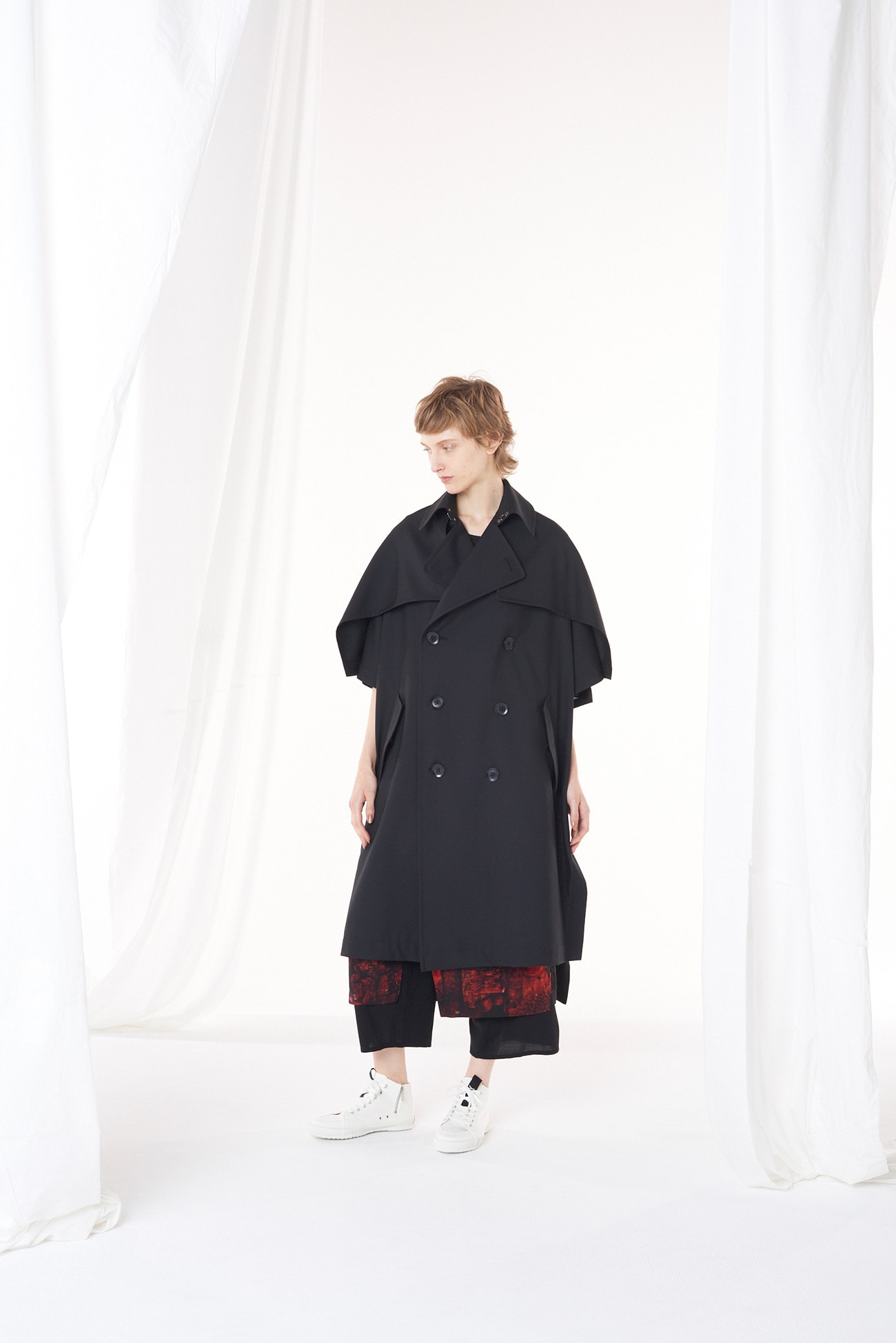 Wool/Polyester Gabardine Poncho Style Trench Coat