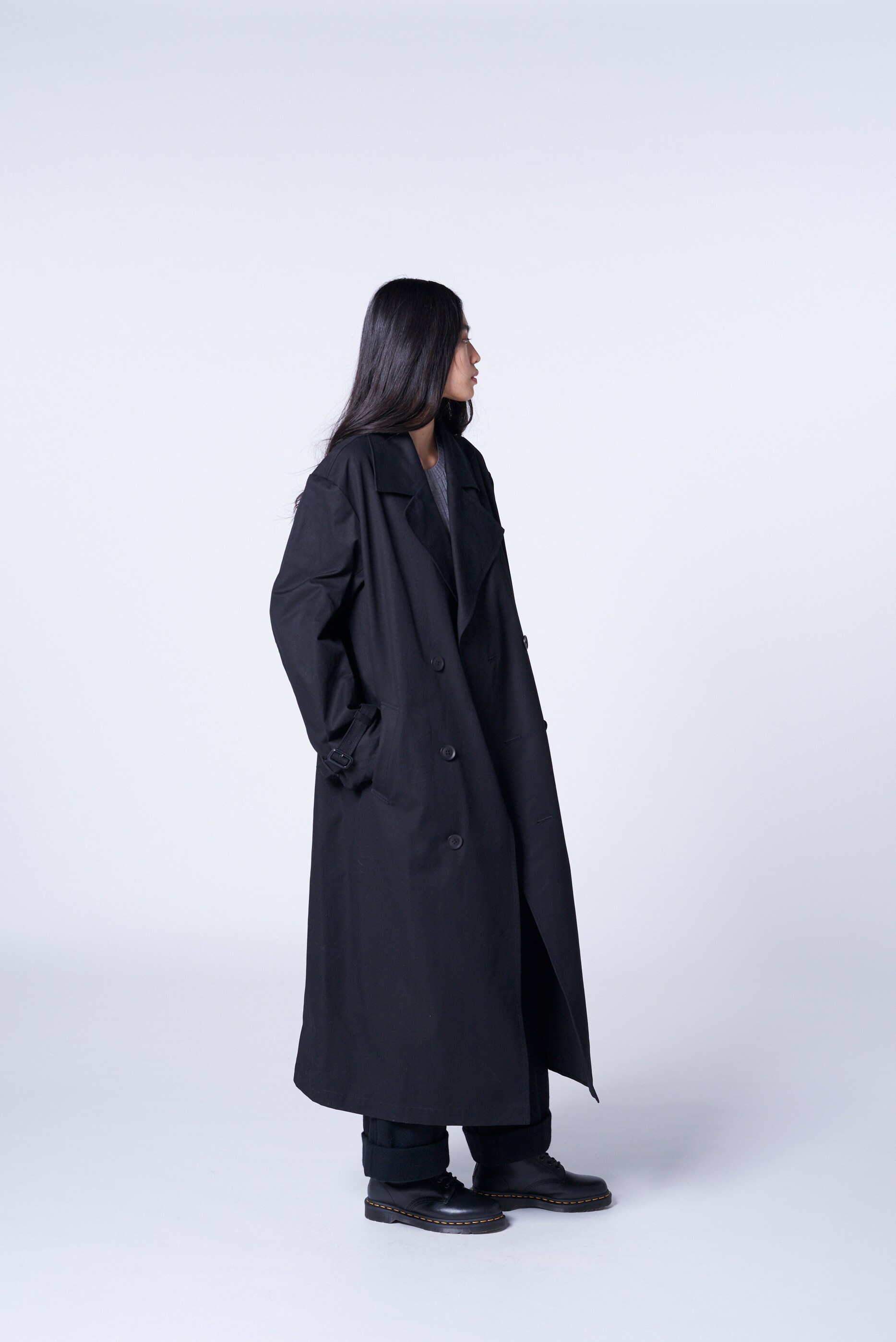 COTTON UNEVEN THREAD CLOTH ASYMMETRY COLLAR PEA COAT(XS BLACK