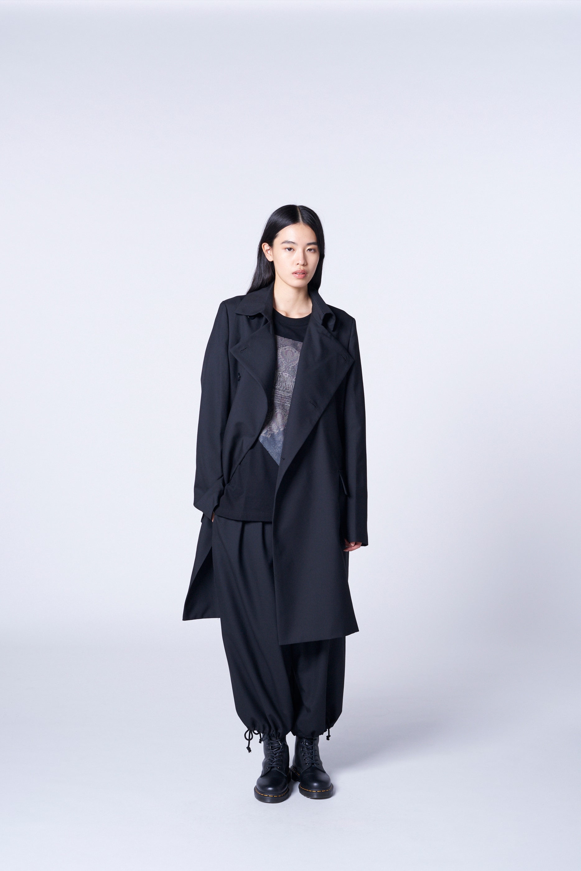 WOOL/POLYESTER GABARDINE DESIGNED PEA COAT(XS BLACK): GroundY｜THE