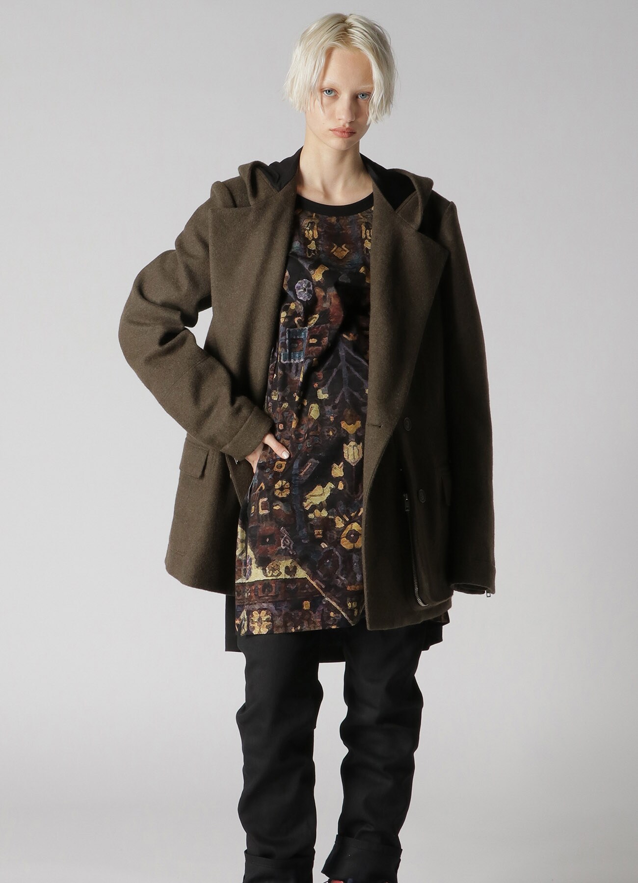 RECYCLED WOOL MELTON PEA COAT(FREE SIZE KHAKI): GroundY｜THE SHOP