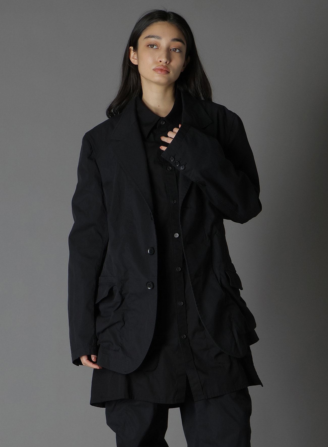 COTTON/NYLON OXFORD LONG JACKET WITH FULLED WOOL GAUZE POCKETS