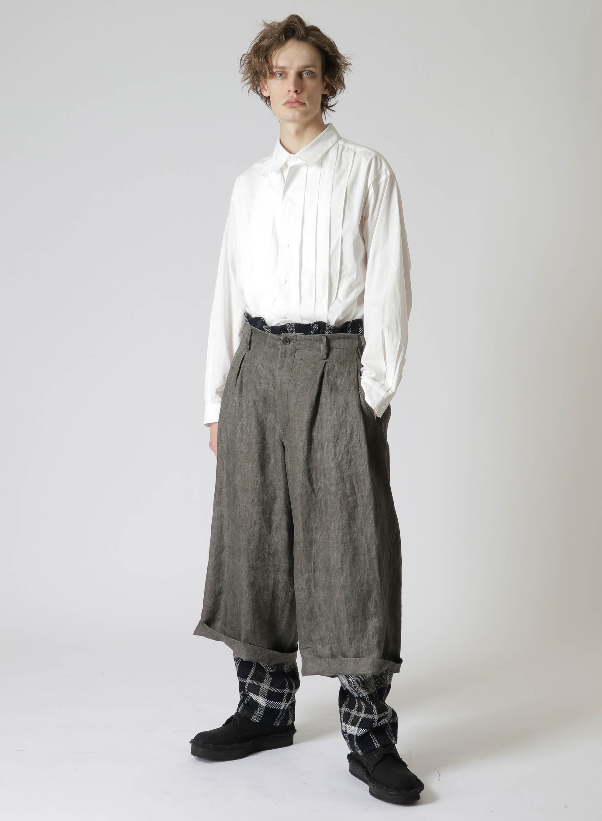 INK DYED TWILL LINEN CROPPED SUSPENDERS PANTS