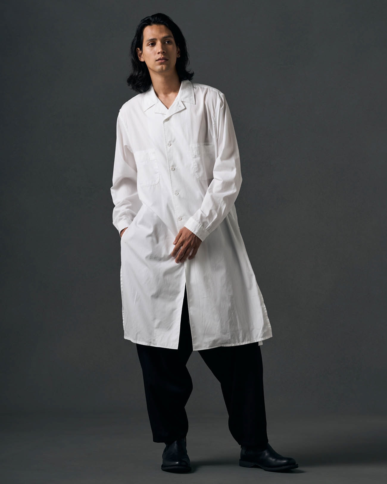 COTTON BROADCLOTH OPEN COLLAR LONG SHIRTS White: power of the