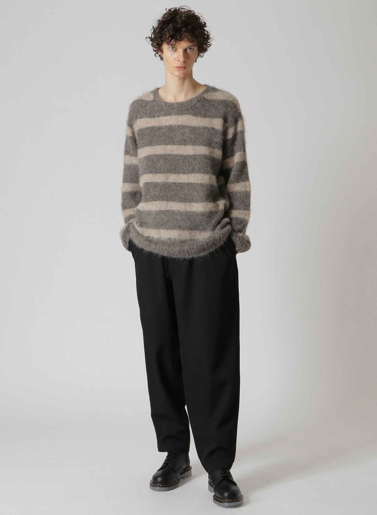 5G BRUSHED RANDOM ROUND NECK STRIPE KNIT(FREE SIZE Brown): Yohji