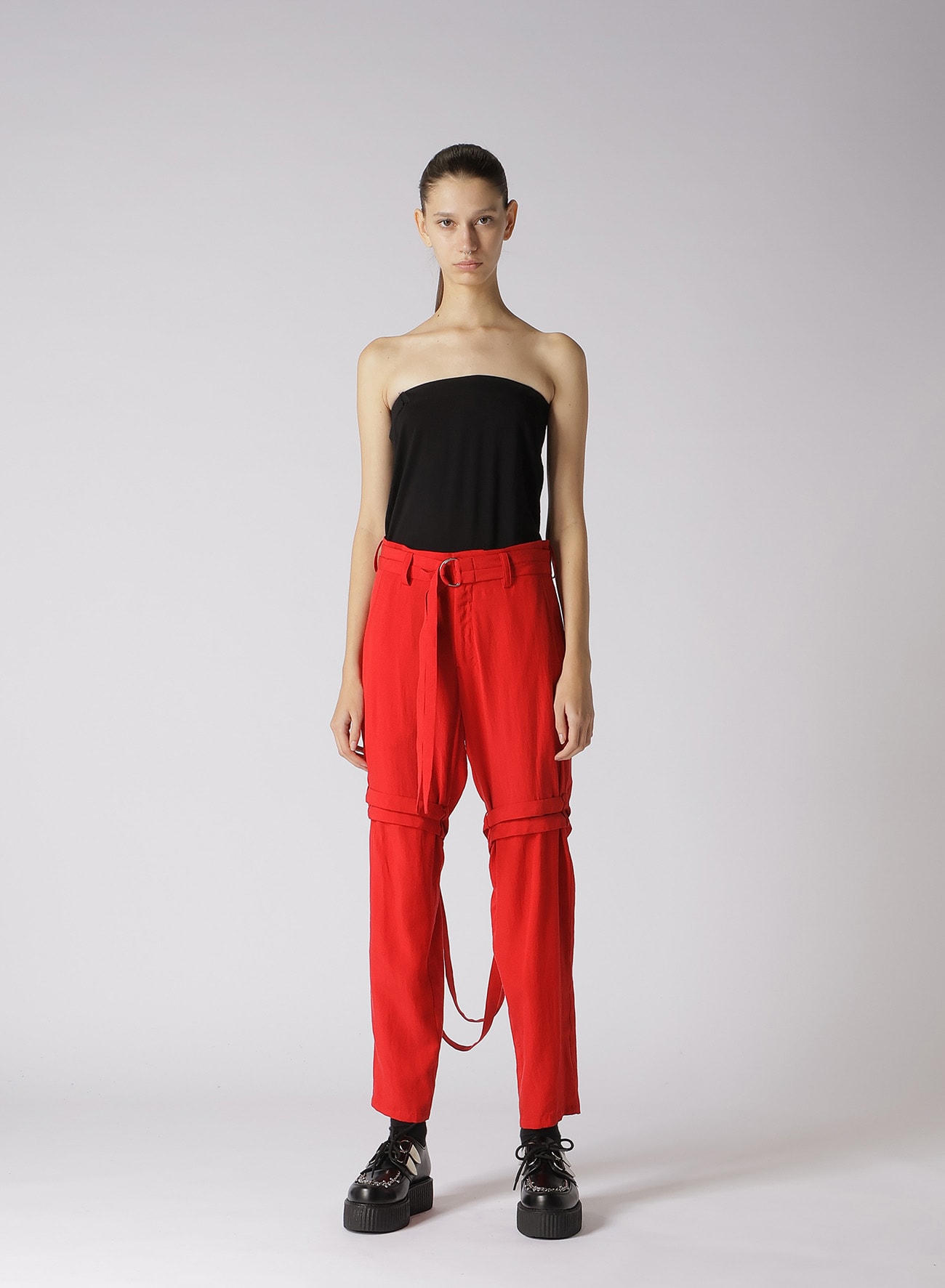 SOFT BROAD COTTON HANGING STRAP PANTS(S Red): LIMI feu｜THE SHOP 