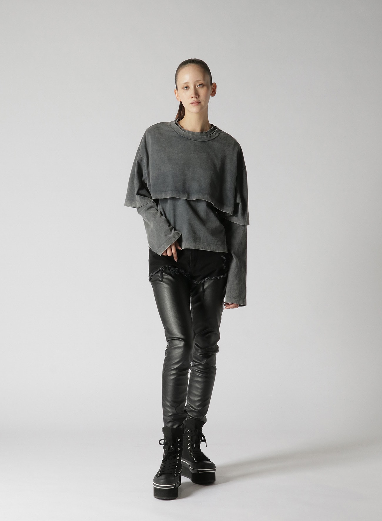 SULFIDE DYED COTTON JERSEY LAYERED SEPARATE LONG T-SHIRT