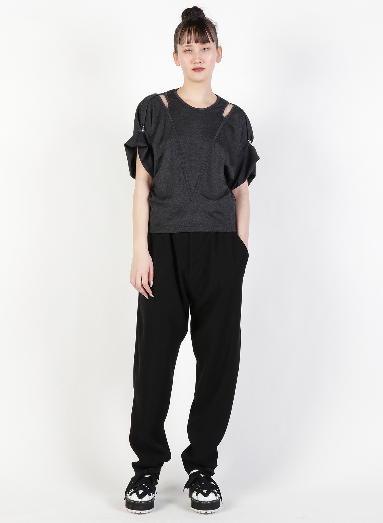 Silky Wool Plain stitch Suspender Slit T-Shirt