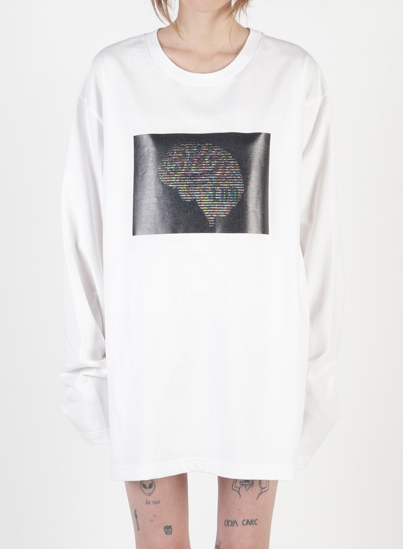 Ascii Brain Print Oversized Long T-Shirt
